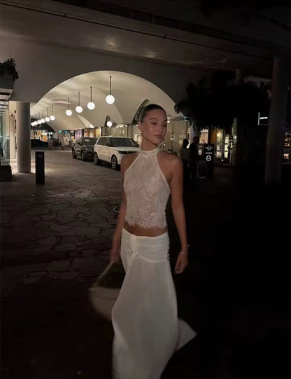 White Sheer Knit Backless Lace Top