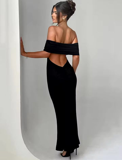 Off-Shoulder Backless Ruched Back Maxi Dress