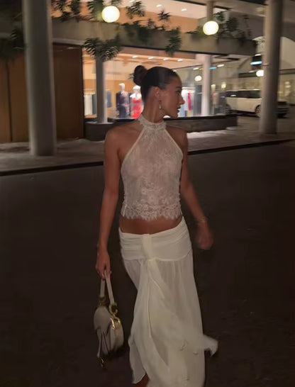 White Sheer Knit Backless Lace Top