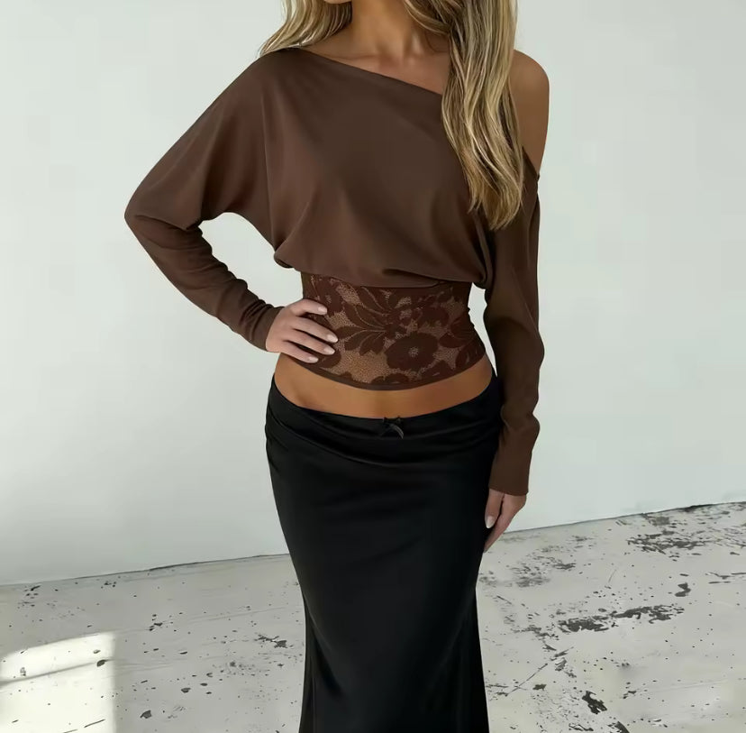 Long Sleeve Off-Shoulder Lace Waist Top