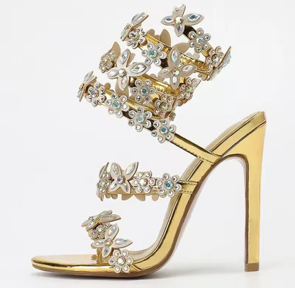 Rhinestone Wrap-around Floral Butterfly Heels