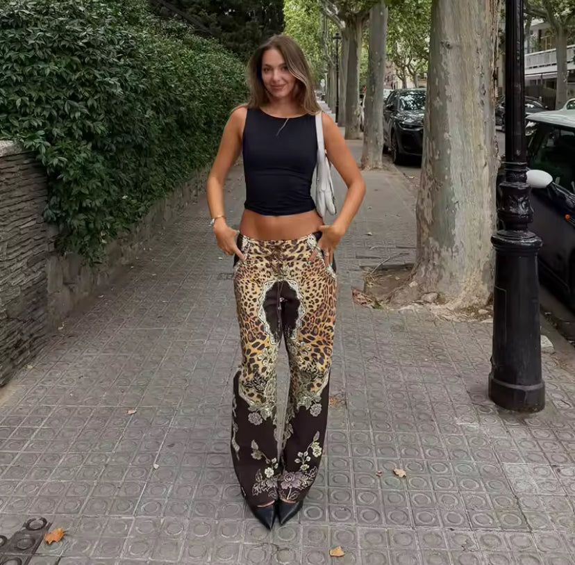 Leopard Lace Up Front Trousers