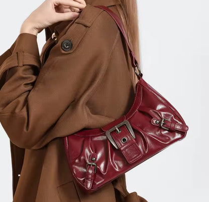 Faux Leather Ruched Buckle Bag