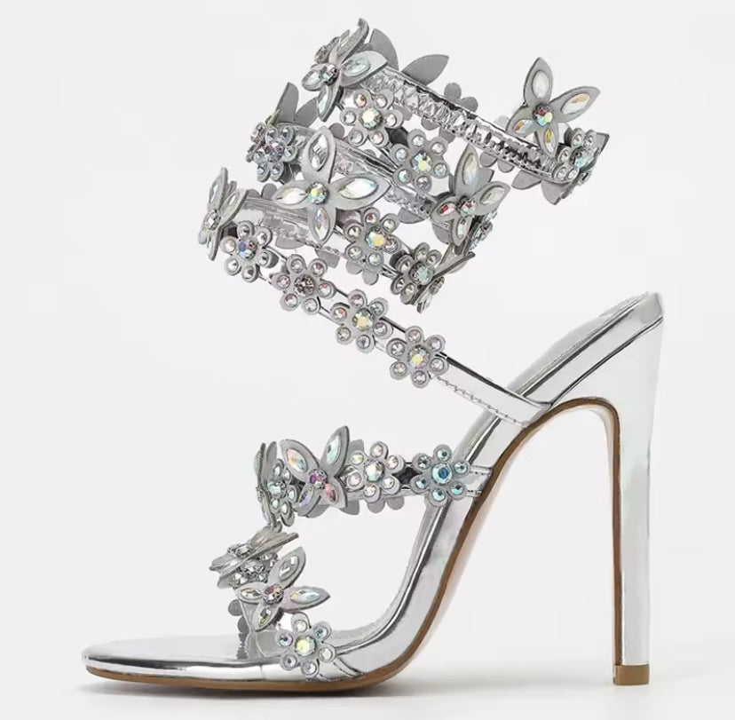 Rhinestone Wrap-around Floral Butterfly Heels