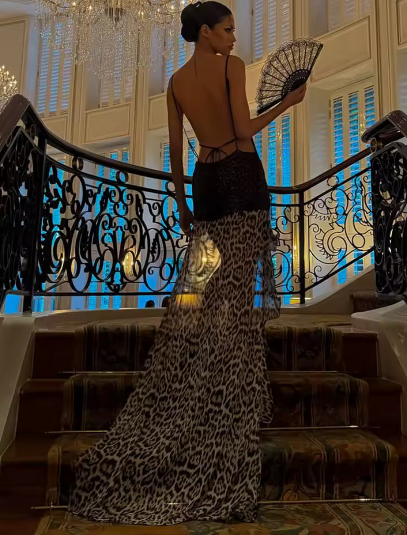 Backless Leopard Mesh High-Low Maxi Dress