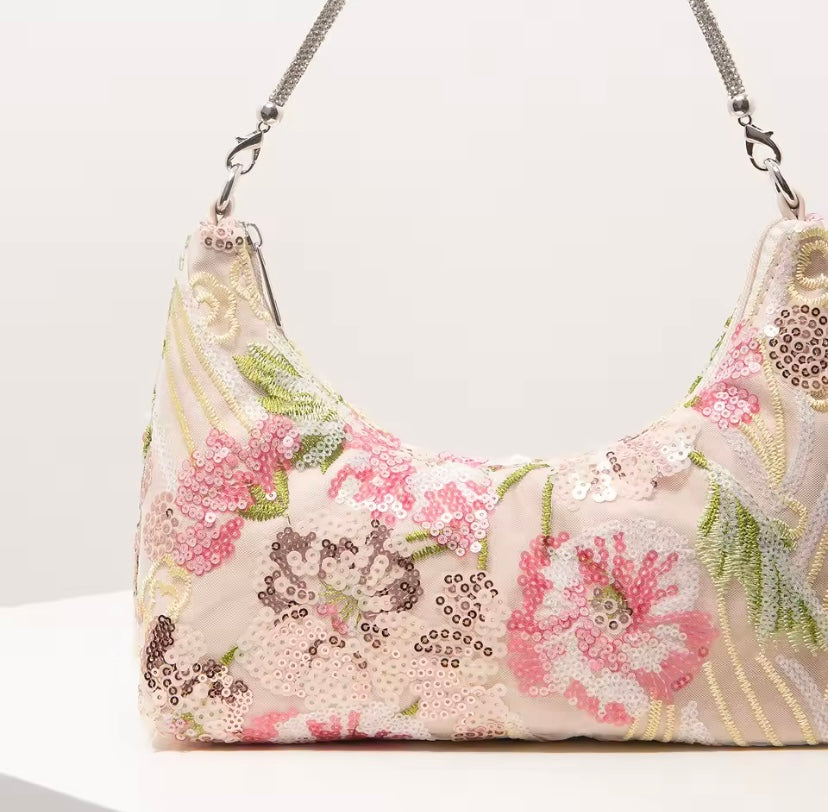Diamanté Strap Beaded Sequin Floral Handbag