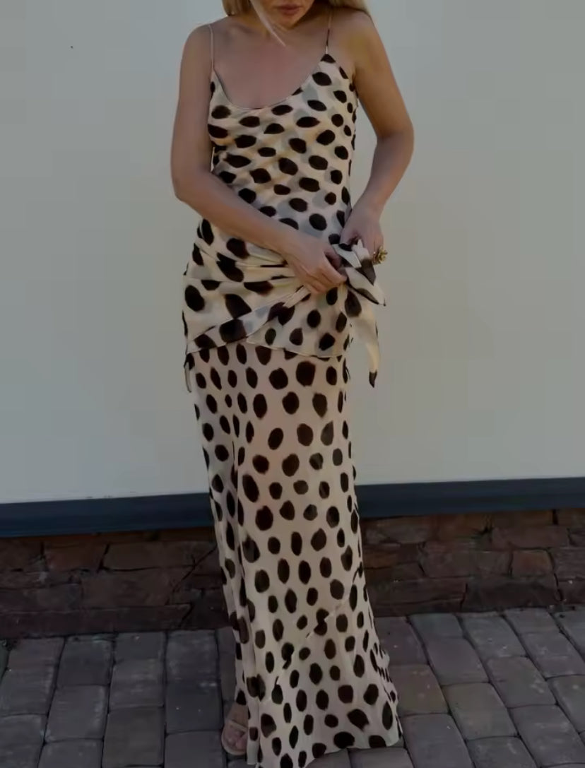 Mesh Dot Print Tie Up Layered Maxi Dress