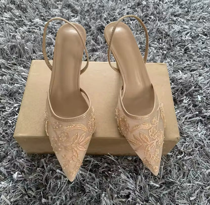 Mesh Embroidered Slingback Pointed Heel