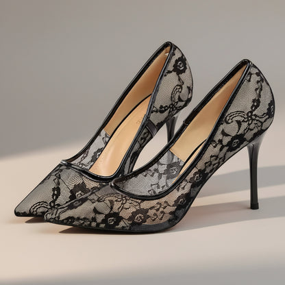 Black Lace Embroidered Floral Mesh Detail Heels