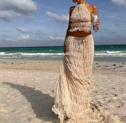 Ruched Mesh Ruffle Maxi Skirt Co-Ord