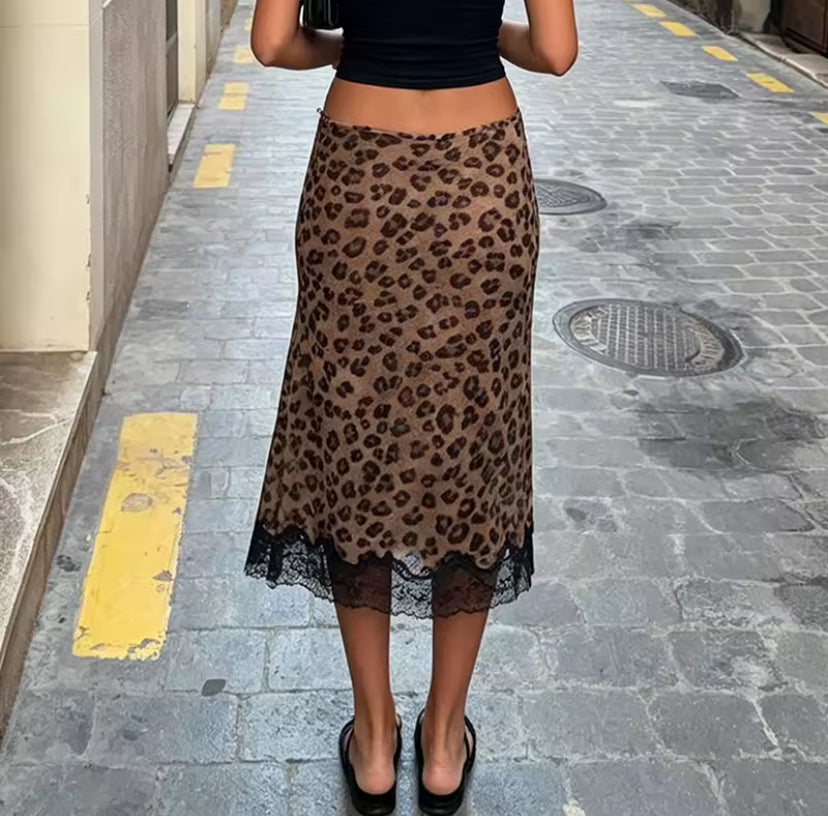 Leopard Print Lace Midi Skirt