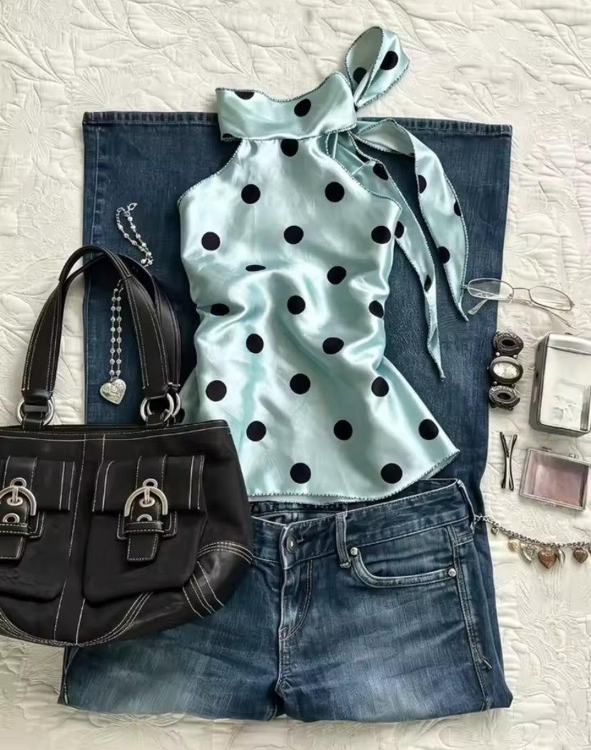 Mint Polka Dot Satin Top