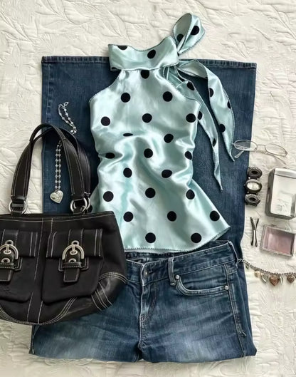 Mint Polka Dot Satin Top