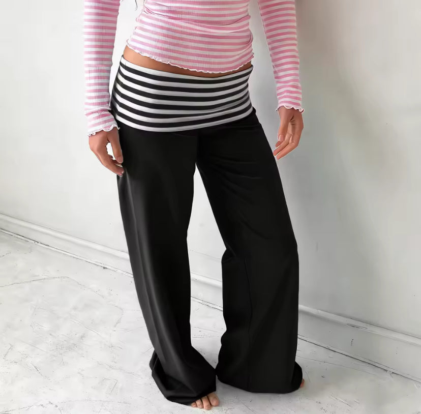 Fold Over Waist Stripe Loose Fit Leggings