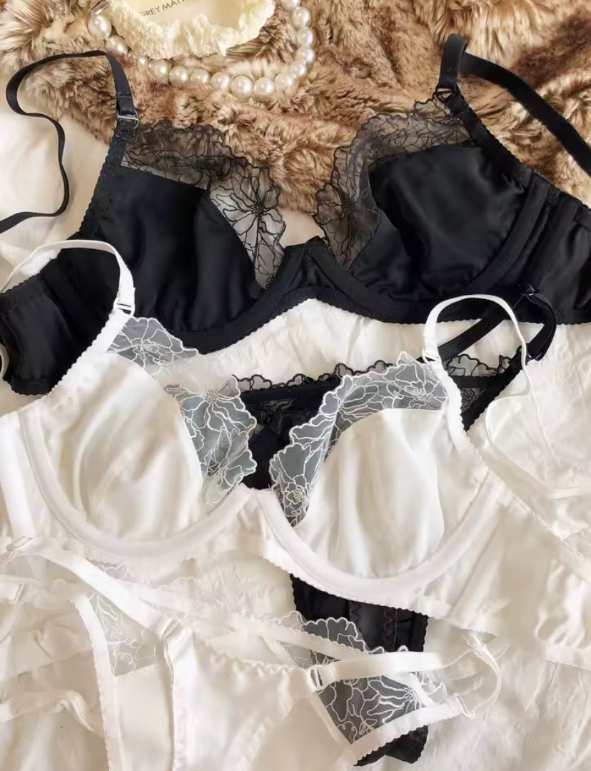 Satin Floral Embroidered Detail Underwear Set