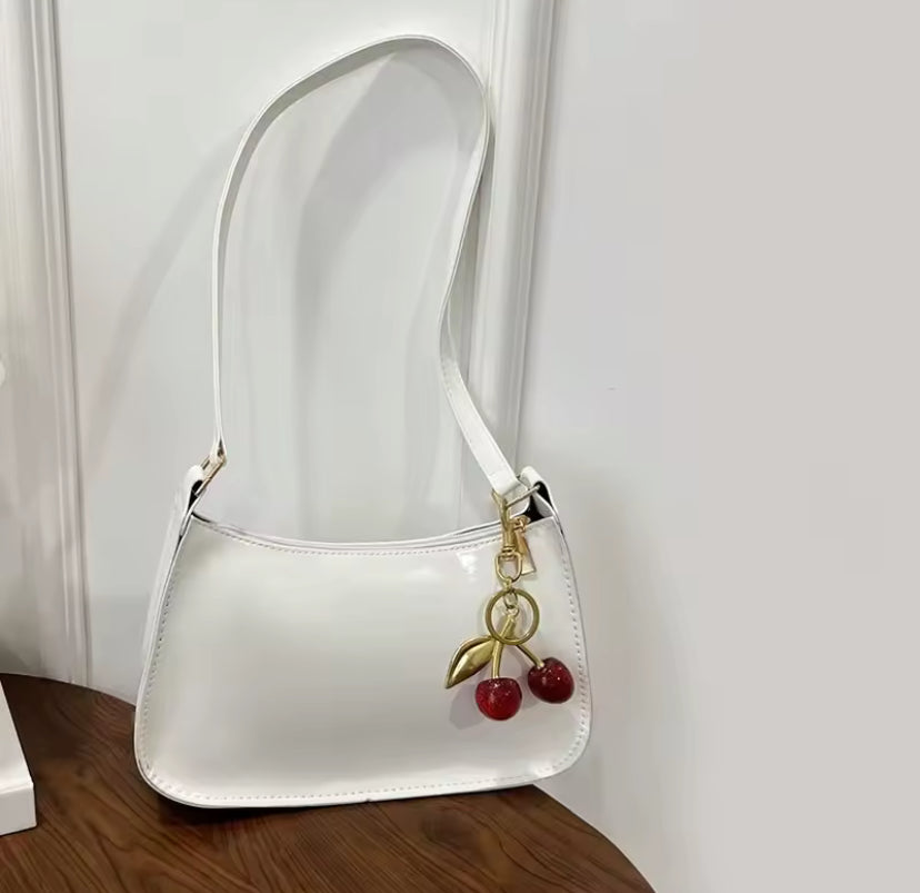 Shiny Faux Leather Cherry Detail Shoulder Bag
