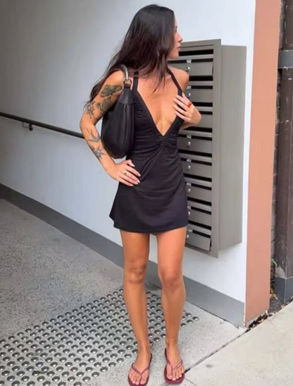 Ruched Deep V-Neck Halter Mini Dress