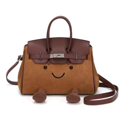 Suede Smiley Face Metal Clasp Handbag