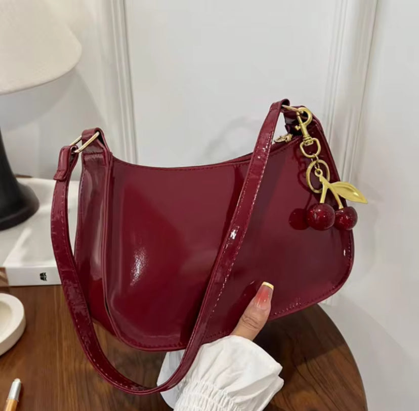 Shiny Faux Leather Cherry Detail Shoulder Bag