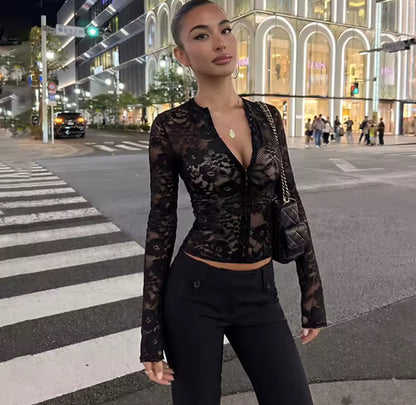 Sheer Lace Hook & Eye Long Sleeve Top