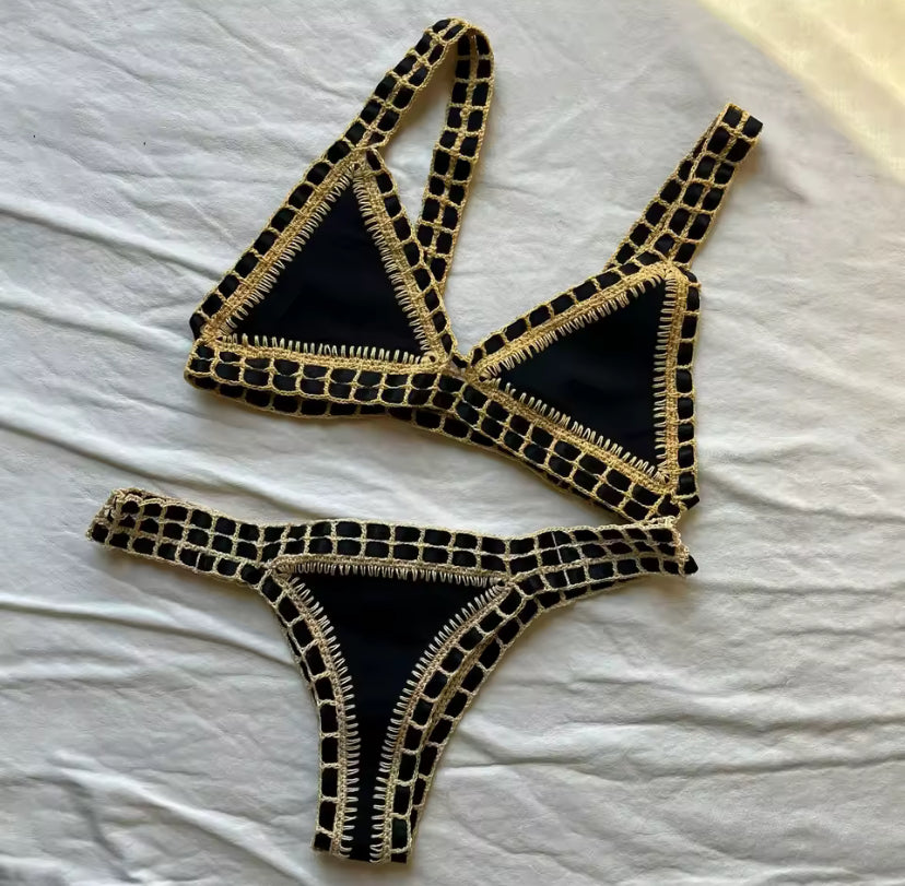 Gold Crochet Seam Triangle Bikini