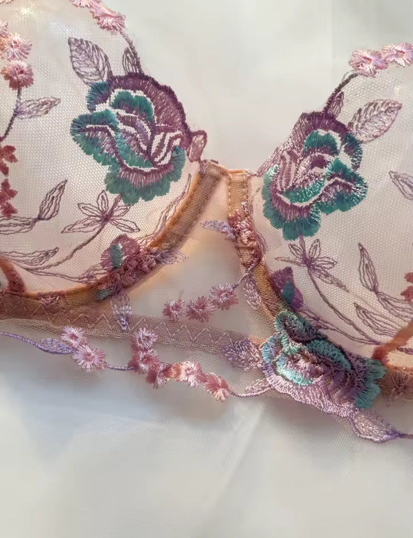 Pastel Pink Floral Embroidered Underwear Set