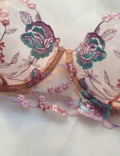 Pastel Pink Floral Embroidered Underwear Set