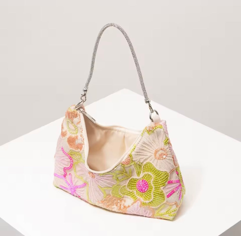 Diamanté Strap Beaded Sequin Floral Handbag
