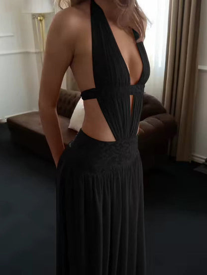Lace Detail Open Backless Halter Maxi Dress