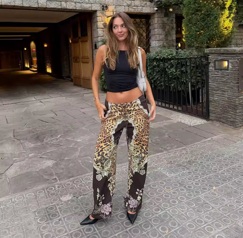 Leopard Lace Up Front Trousers