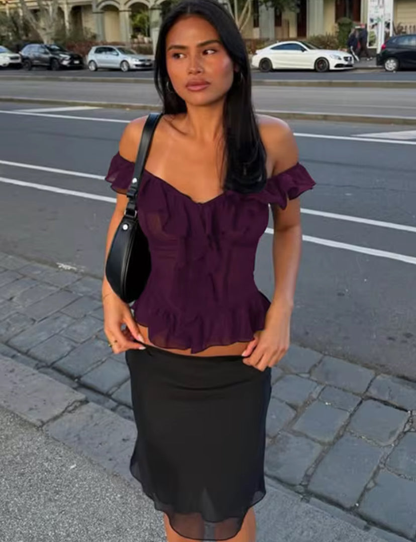 Plum Sheer Mesh Off-Shoulder Corset Top