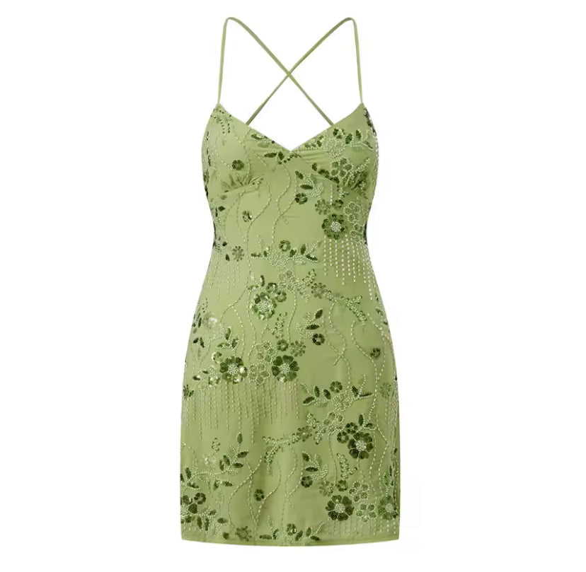 Floral Beaded Sequin Mini Dress