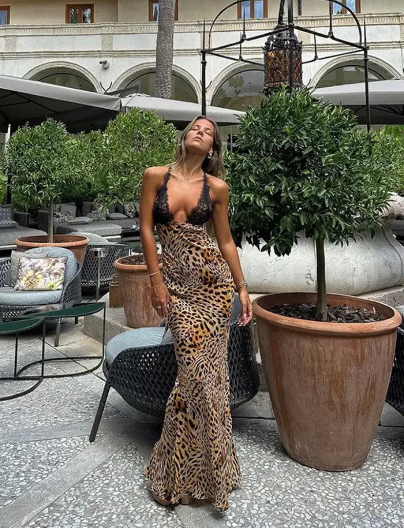 Leopard Print Black Lace V Neck Maxi Dress