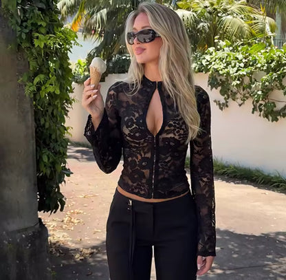 Sheer Lace Hook & Eye Long Sleeve Top