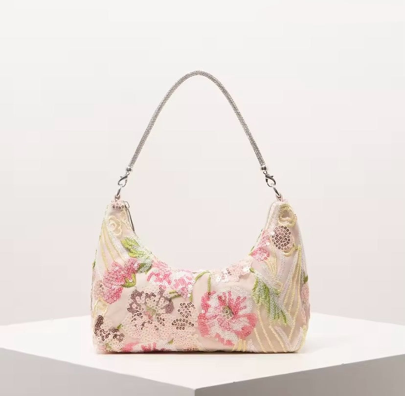 Diamanté Strap Beaded Sequin Floral Handbag