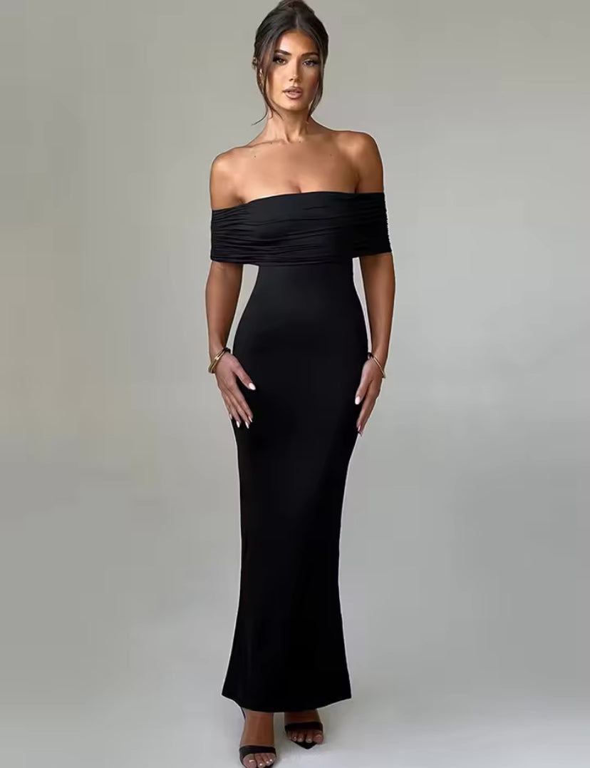 Off-Shoulder Backless Ruched Back Maxi Dress