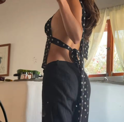 Backless Mesh Polka Dot Top with Scarf