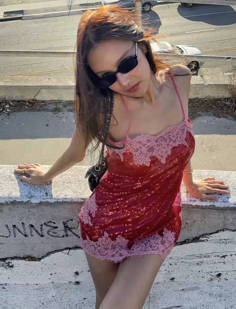 Lace Detail Sequin Mini Dress