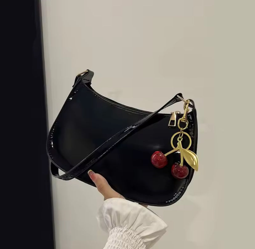 Shiny Faux Leather Cherry Detail Shoulder Bag