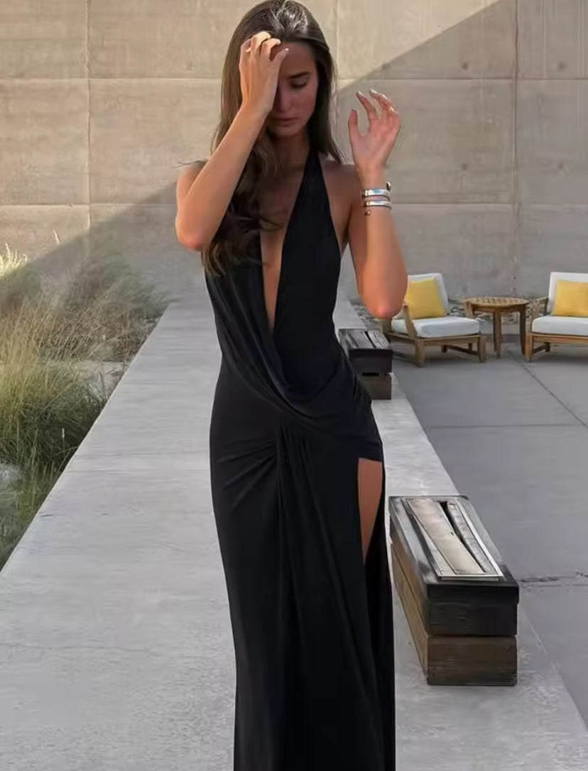 High Split Deep V-Neck Backless Halter Maxi Dress