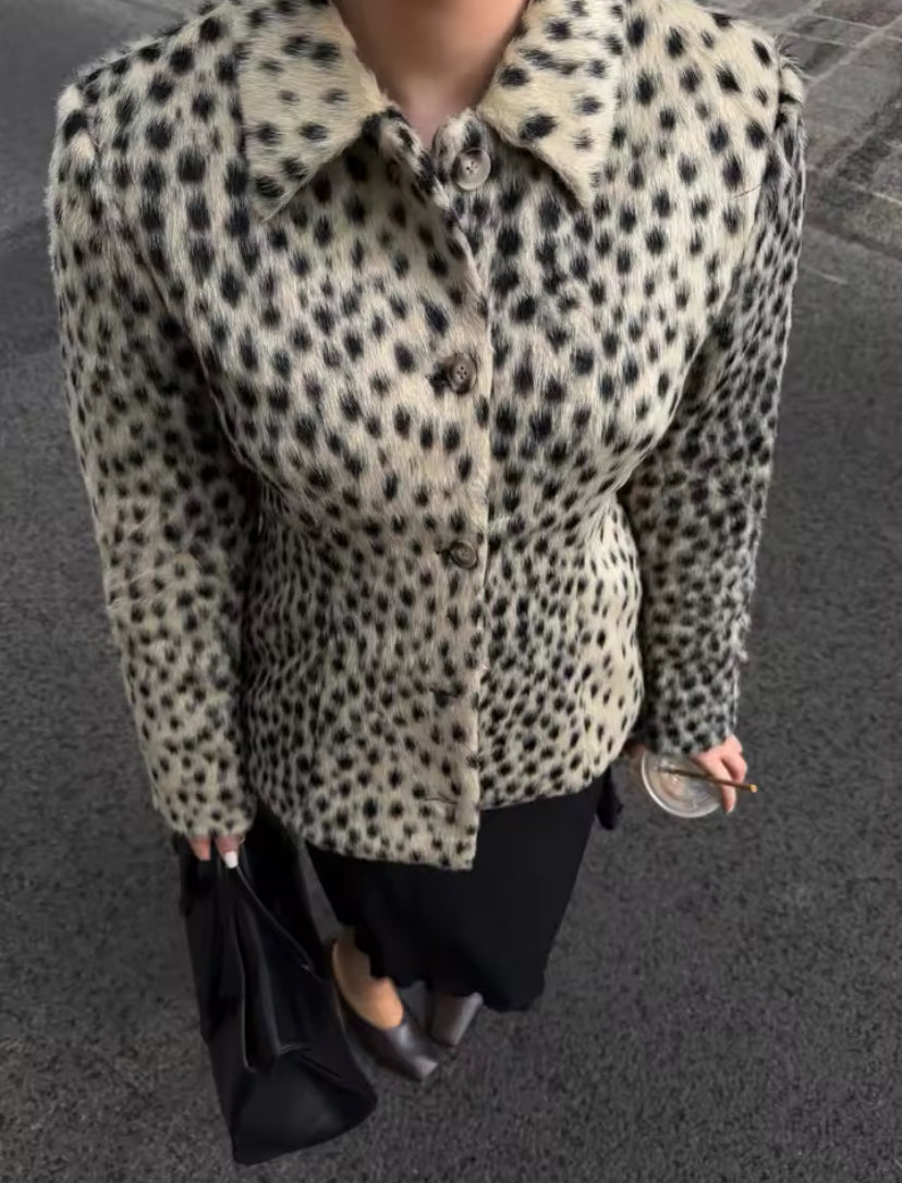 Leopard Print Collared Fur Jacket