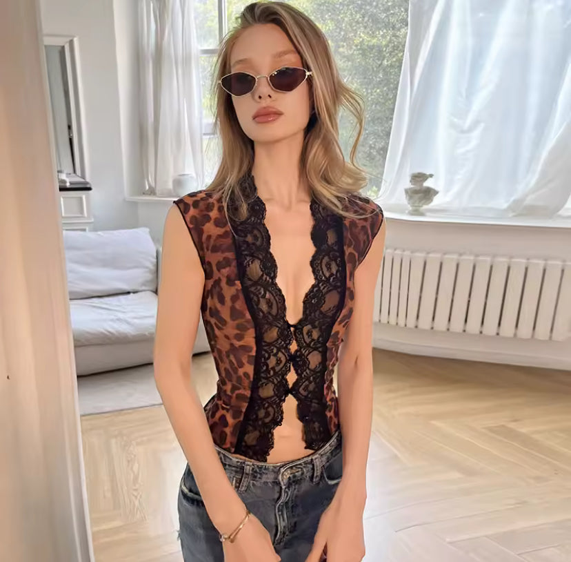 Sheer Leopard Lace Open Front Top