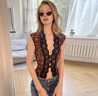 Sheer Leopard Lace Open Front Top