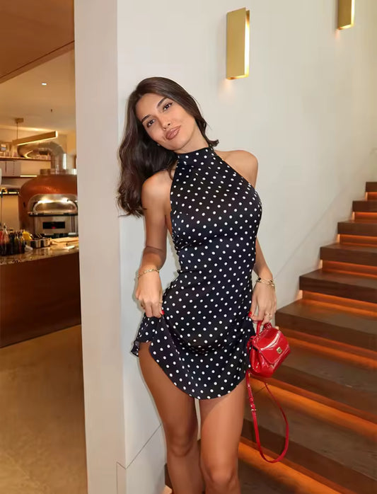 Polka Dot Tie Up Halterneck Mini Dress