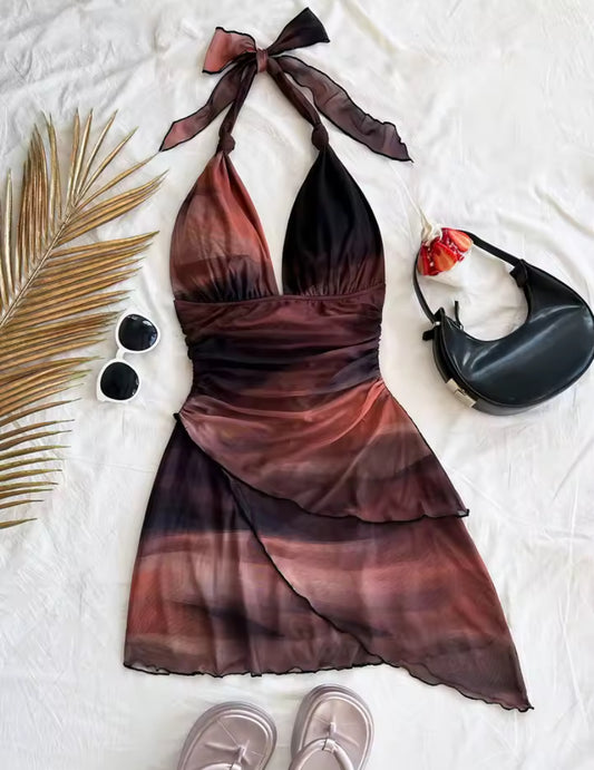 Mesh Tie Die Tie Up Halterneck Summer Dress