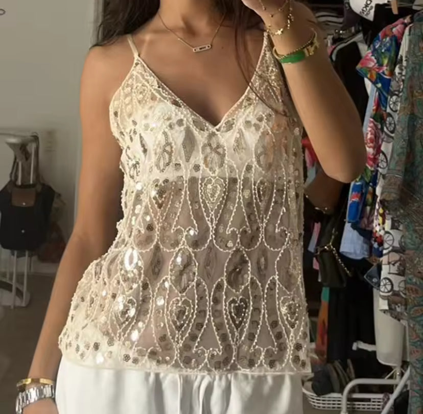 Sequin Patterned Sheer Mesh Top