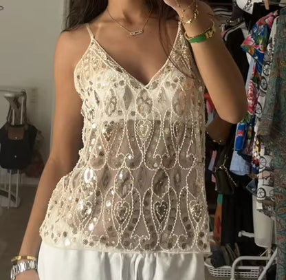 Sequin Patterned Sheer Mesh Top