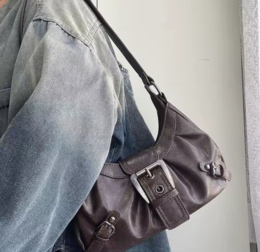 Faux Leather Ruched Buckle Bag