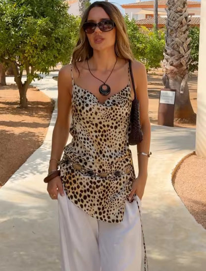 Satin Cheetah Cowl Neck Top