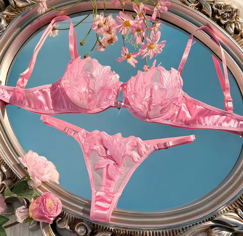 Pink Satin Floral Embroidered Underwear Set